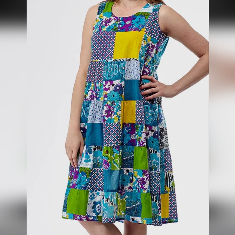 La Cera Patchwork Floral Shift Dress Boho Festival Cotton Summer Resortware Sz S
